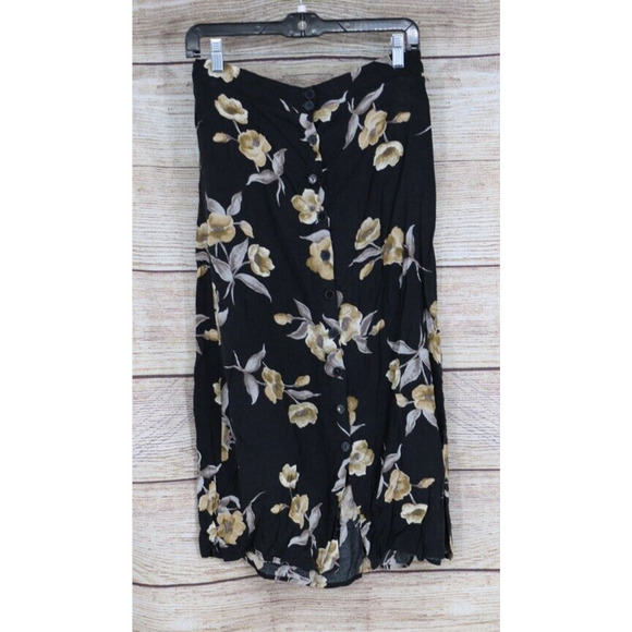 VINTAGE S&P Sportswear Womens Size Medium Floral Midi Button Down Skirt Black - Picture 1 of 7